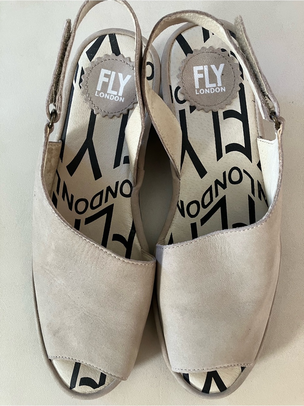 FLY London Beige Suede Open-Toe Slingback Sandals